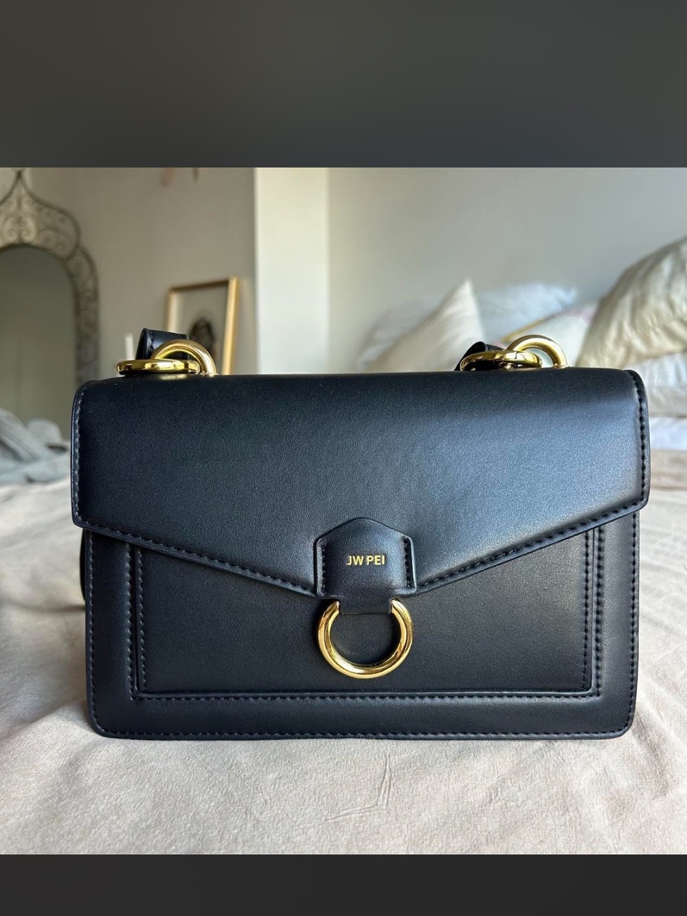 JW PEI Black Vegan Leather Crossbody with Gold Ring Detail